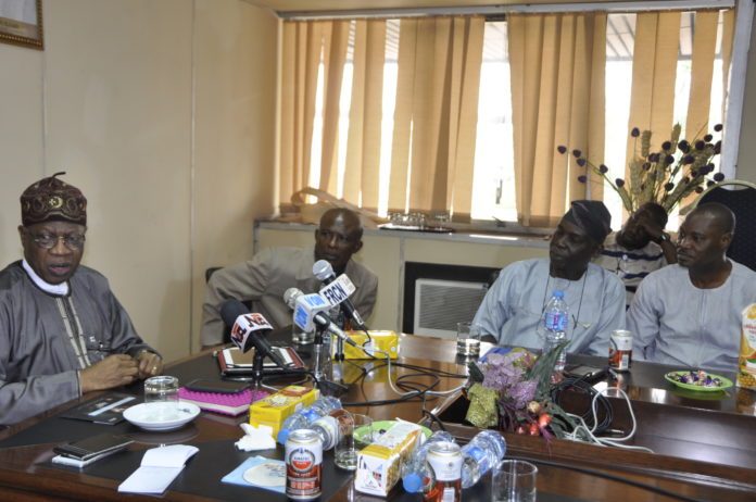 Minister of Information and Culture, Alhaji Lai Mohammed, the Acting General Manager, National Theatre, Lagos, Engr. Anele Nwogu, Leader of the Resident Artistes in the National Theatre, Lagos, Aremu Tope Babaye and Uba Sinclair during the meeting between the minister and the artistes in Lagos on Monday.