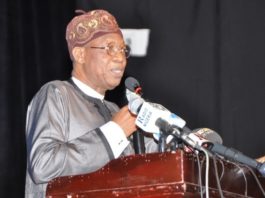 Minister of Information and Culture, Alhaji Lai Mohammed delivering speech at the Third Festival Colloquium of Lagos at 50 held at Muson Centre