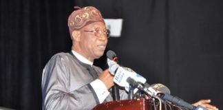 Minister of Information and Culture, Alhaji Lai Mohammed delivering speech at the Third Festival Colloquium of Lagos at 50 held at Muson Centre