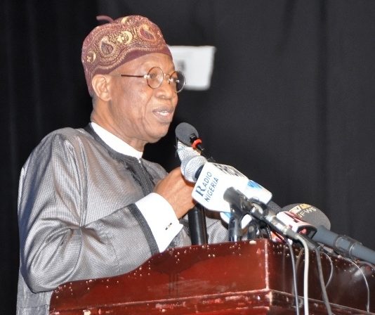 Minister of Information and Culture, Alhaji Lai Mohammed delivering speech at the Third Festival Colloquium of Lagos at 50 held at Muson Centre