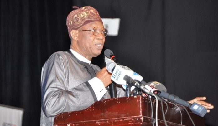 Minister of Information and Culture, Alhaji Lai Mohammed delivering speech at the Third Festival Colloquium of Lagos at 50 held at Muson Centre