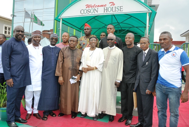 Minister of Information and Culture, Alhaji Lai Mohammed, in a group picture with dignitaries during his visit to COSON House in Lagos on Saturday