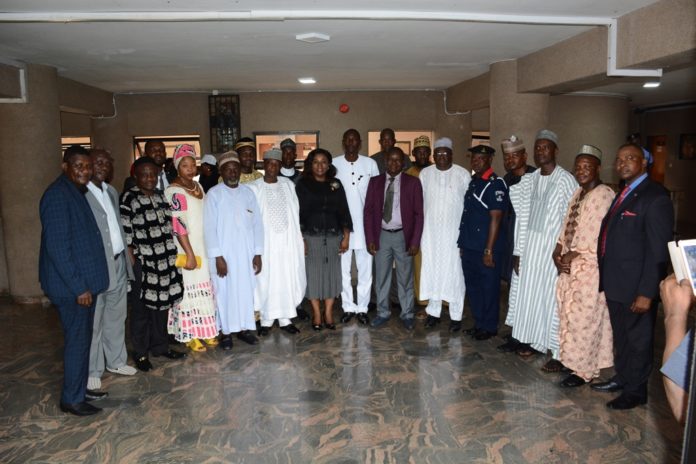 PERMANENT SECRETARY SERVICE WELFARE OFFICE, MRS DIDI WALSON-JACK(7TH L),IN A GROUP PHOTOGRAPH WITH THE NEWLY ELECTED FEPSGA NATIONAL PRESIDENT MR. ALUKO AMAEBI(7TH R) AND OTHER EXCO MEMBERS.