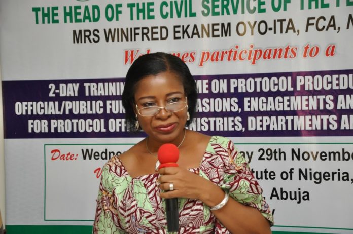 Representative of the Head of the Civil Service of the Federation, Mrs. Anne Attah, Director, IPPIS while delivering an opening remarks at the training organised for protocol officers in Abuja