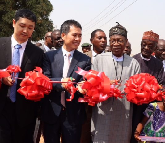 The Minister of Information and Culture, Alhaji Lai Mohammed (second from right); The Chinese Ambassador to Nigeria, Dr. Zhou Pingjian (second from left); Chief Executive Officer of NTA-StarTimes, Mr. Justin Zhang (extreme left) and the Director General of NTA, Mallam Yakub Ibn Mohammed (extreme left), at the launch of the Access to Satellite TV for 1,000 villages in Nigeria in Kpaduma, FCT, on Monday.