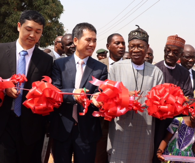 A (15) The Minister of Information and Culture, Alhaji Lai Mohammed (second from right); The Chinese Ambassador to Nigeria, Dr. Zhou Pingjian (second from left); Chief Executive Officer of NTA-StarTimes, Mr. Justin Zhang (extreme left) and the Director General of NTA, Mallam Yakub Ibn Mohammed (extreme left), at the launch of the Access to Satellite TV for 1,000 villages in Nigeria in Kpaduma, FCT, on Monday.
