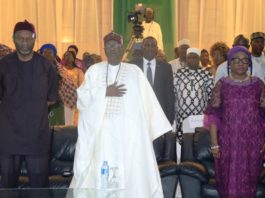 The Minister of Information and Culture, Alhaji Lai Mohammed (middle); Minister of Budget and National Planning, who represented the President, Senator Udoma Udo Udoma (left), and the Head of the Civil Service of the Federation, Mrs. Winifred Oyo-Ita, at the “Testimonies of Change,” a programme showcasing the achievements of the present administration from the perspective of Nigerians, at the State House, Abuja, on Sunday night.