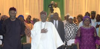The Minister of Information and Culture, Alhaji Lai Mohammed (middle); Minister of Budget and National Planning, who represented the President, Senator Udoma Udo Udoma (left), and the Head of the Civil Service of the Federation, Mrs. Winifred Oyo-Ita, at the “Testimonies of Change,” a programme showcasing the achievements of the present administration from the perspective of Nigerians, at the State House, Abuja, on Sunday night.
