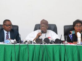 The Minister of Information and Culture, Alhaji Lai Mohammed (middle); Permanent Secretary, Federal Ministry of Information and Culture, Deaconess Grace Isu Gekpe (right) and the Special Assistant to the President on Information and Culture, Mr. Segun Adeyemi (left) at a press conference to alert the public to plans by the opposition to scuttle the 2019 elections... in Abuja on Monday.