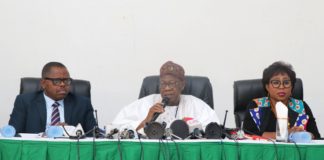 The Minister of Information and Culture, Alhaji Lai Mohammed (middle); Permanent Secretary, Federal Ministry of Information and Culture, Deaconess Grace Isu Gekpe (right) and the Special Assistant to the President on Information and Culture, Mr. Segun Adeyemi (left) at a press conference to alert the public to plans by the opposition to scuttle the 2019 elections... in Abuja on Monday.
