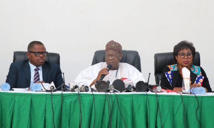 pr1 The Minister of Information and Culture, Alhaji Lai Mohammed (middle); Permanent Secretary, Federal Ministry of Information and Culture, Deaconess Grace Isu Gekpe (right) and the Special Assistant to the President on Information and Culture, Mr. Segun Adeyemi (left) at a press conference to alert the public to plans by the opposition to scuttle the 2019 elections... in Abuja on Monday.