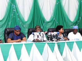 The Minister of Information and Culture, Alhaji Lai Mohammed (second from left); Permanent Secretary, Federal Ministry of Information and Culture, Deaconess Grace Isu-Gekpe (second from right); Director, Finance and Administration, Dr. Musbau Kayode (extreme right); Director Procurement, Mr. Funsho Abdulkareem (second from right); the Special Assistant to the President on Information and Culture, Mr. Segun Adeyemi (second left) and the Special Assistant II to the President in Information and Culture, Mr. Williams Adeleye (extreme left) when the management of the Federal Ministry of Information and Culture visited the Minister in Abuja on Thursday to congratulate him on the APC victory in last week’s Presidential and National Assembly Elections.