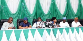 The Minister of Information and Culture, Alhaji Lai Mohammed (second from left); Permanent Secretary, Federal Ministry of Information and Culture, Deaconess Grace Isu-Gekpe (second from right); Director, Finance and Administration, Dr. Musbau Kayode (extreme right); Director Procurement, Mr. Funsho Abdulkareem (second from right); the Special Assistant to the President on Information and Culture, Mr. Segun Adeyemi (second left) and the Special Assistant II to the President in Information and Culture, Mr. Williams Adeleye (extreme left) when the management of the Federal Ministry of Information and Culture visited the Minister in Abuja on Thursday to congratulate him on the APC victory in last week’s Presidential and National Assembly Elections.