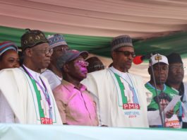 The Minister of Information and Culture, Alhaji Lai Mohammed; National Chairman of the All Progressives Congress (APC), Comrade Adams Oshiomhole; President Muhammadu Buhari; and the Minister of Transportation/Director General Buhari Campaign Organisation, Mr. Rotimi Amaechi, at the APC Presidential Campaign Rally in Ilorin, Kwara State, on Monday