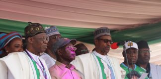 The Minister of Information and Culture, Alhaji Lai Mohammed; National Chairman of the All Progressives Congress (APC), Comrade Adams Oshiomhole; President Muhammadu Buhari; and the Minister of Transportation/Director General Buhari Campaign Organisation, Mr. Rotimi Amaechi, at the APC Presidential Campaign Rally in Ilorin, Kwara State, on Monday