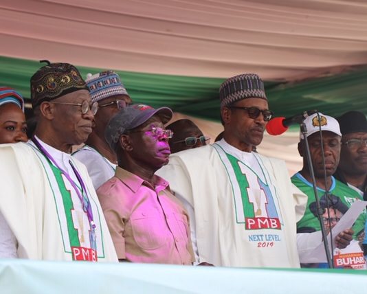 The Minister of Information and Culture, Alhaji Lai Mohammed; National Chairman of the All Progressives Congress (APC), Comrade Adams Oshiomhole; President Muhammadu Buhari; and the Minister of Transportation/Director General Buhari Campaign Organisation, Mr. Rotimi Amaechi, at the APC Presidential Campaign Rally in Ilorin, Kwara State, on Monday