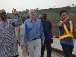 Minister of Transportation, Chibuike Ameachi (L); Deputy Project Manager, China Civil Engineering Construction Corporation, Xia Lijun (R), during the inspection of Lagos-Abeokuta Railway project in Abeokuta.
