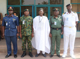 The Minister of Information and Culture, Alhaji Lai Mohammed (middle); Director of Defence Information, Brig.-Gen. John Agbim (second right); Director of Army Public Relations, Brig.-Gen. Sani Usman, (second left); Director Public Relations and Information of the Nigerian Air Force, Air Commodore Ibikunle Daramola (extreme left) and the Director Information, Nigerian Navy, Commodore Sulaiman Dahun (extreme right) at the launch of the National Campaign in Support of The Military in Abuja on Thursday