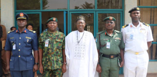 The Minister of Information and Culture, Alhaji Lai Mohammed (middle); Director of Defence Information, Brig.-Gen. John Agbim (second right); Director of Army Public Relations, Brig.-Gen. Sani Usman, (second left); Director Public Relations and Information of the Nigerian Air Force, Air Commodore Ibikunle Daramola (extreme left) and the Director Information, Nigerian Navy, Commodore Sulaiman Dahun (extreme right) at the launch of the National Campaign in Support of The Military in Abuja on Thursday