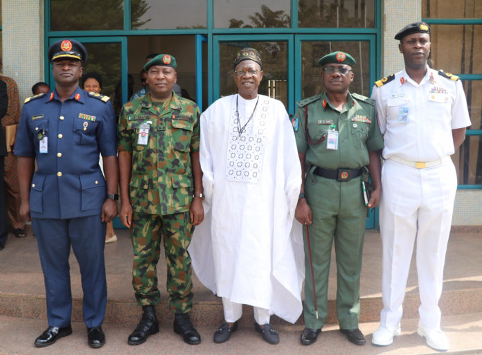 The Minister of Information and Culture, Alhaji Lai Mohammed (middle); Director of Defence Information, Brig.-Gen. John Agbim (second right); Director of Army Public Relations, Brig.-Gen. Sani Usman, (second left); Director Public Relations and Information of the Nigerian Air Force, Air Commodore Ibikunle Daramola (extreme left) and the Director Information, Nigerian Navy, Commodore Sulaiman Dahun (extreme right) at the launch of the National Campaign in Support of The Military in Abuja on Thursday