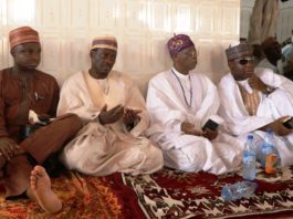 Pic 1: L to R- Special Assistant to the President, Office of the Minister of Information & Culture, Mr. Williams Adeleye; Alhaji S.Y Abdullahi, Danmasani Shonga, Hon Minister of Information & Culture, Alhaji Lai Mohammed, and the MD, White Waters Maritime Services, Abdulkadir Attahiru Adamu, at the Fidau prayers for the late Emir of Patigi, Alhaji Ibrahim Chatta Umar, in Patigi on Saturday