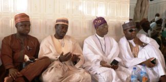 Pic 1: L to R- Special Assistant to the President, Office of the Minister of Information & Culture, Mr. Williams Adeleye; Alhaji S.Y Abdullahi, Danmasani Shonga, Hon Minister of Information & Culture, Alhaji Lai Mohammed, and the MD, White Waters Maritime Services, Abdulkadir Attahiru Adamu, at the Fidau prayers for the late Emir of Patigi, Alhaji Ibrahim Chatta Umar, in Patigi on Saturday