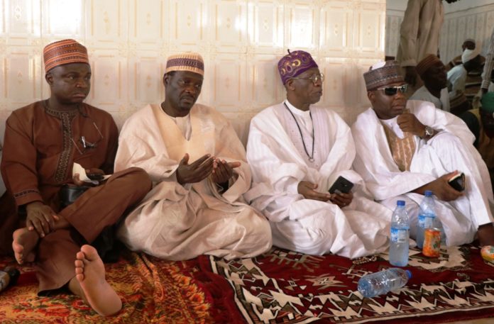 1 Pic 1: L to R- Special Assistant to the President, Office of the Minister of Information & Culture, Mr. Williams Adeleye; Alhaji S.Y Abdullahi, Danmasani Shonga, Hon Minister of Information & Culture, Alhaji Lai Mohammed, and the MD, White Waters Maritime Services, Abdulkadir Attahiru Adamu, at the Fidau prayers for the late Emir of Patigi, Alhaji Ibrahim Chatta Umar, in Patigi on Saturday