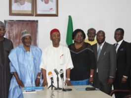 Hon. Minister of Science and Technology Dr. Ogbonnaya Onu (middle), Permanent Secretary of the Federal Ministry of Science and Technology, Mr. Bitrus Bako Nabasu (3rd left), Principal State Counsel in the Federal Ministry of Justice, Mr. Adesoji Afolabi (2nd right), Director of Legal Services in the Federal Ministry of Science and Technology, Mrs. Yvonne Odu-Thomas (3rd right) and other Officials During the Presentation of the Draft Bill for the Executive Order No.5
