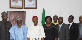 Hon. Minister of Science and Technology Dr. Ogbonnaya Onu (middle), Permanent Secretary of the Federal Ministry of Science and Technology, Mr. Bitrus Bako Nabasu (3rd left), Principal State Counsel in the Federal Ministry of Justice, Mr. Adesoji Afolabi (2nd right), Director of Legal Services in the Federal Ministry of Science and Technology, Mrs. Yvonne Odu-Thomas (3rd right) and other Officials During the Presentation of the Draft Bill for the Executive Order No.5