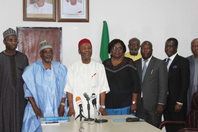 IMG_3276 Hon. Minister of Science and Technology Dr. Ogbonnaya Onu (middle), Permanent Secretary of the Federal Ministry of Science and Technology, Mr. Bitrus Bako Nabasu (3rd left), Principal State Counsel in the Federal Ministry of Justice, Mr. Adesoji Afolabi (2nd right), Director of Legal Services in the Federal Ministry of Science and Technology, Mrs. Yvonne Odu-Thomas (3rd right) and other Officials During the Presentation of the Draft Bill for the Executive Order No.5