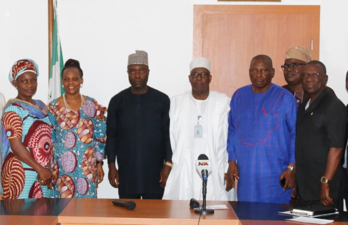 New PS Comminucation (1) Pic L_R: Director, (Postal & Telecommunication Service), Engr. Ngozi Ogujiofor, Director, (ICT), Mrs. Monilola Udoh, Permanent Secretary, Mr. Istifanus Musa Mik Fuktur, director (Human Resources), Mr. El Baff Abubakar, Director (Finance & Account) R. Lekwauwa, and Director (Monitoring & Survey), Engr. K.N. Binga during the handing over ceremony at the Ministry's Headquarters, Abuja