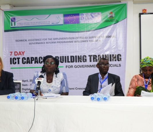 Picture from Left: Project Manager EU Support for Federal Government Reform Programme, Michelle Delgado, Director Information Technology Department, Comfort Ajiboye, Professor Olasemi Bello ,Team Leader EU Support for Federal Government Reform Programme and Deputy-Director Information Technology Department, Kachi Daju at the opening of a 7-day capacity building programme for staff of the Federal Ministry of Information and Culture in Abuja on Thursday.