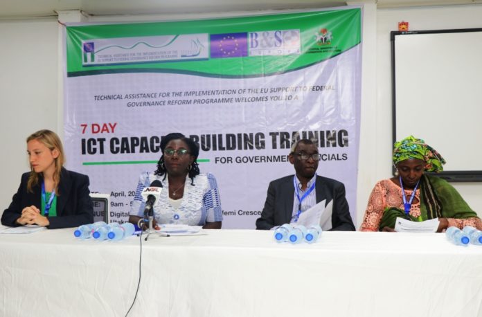 pr Picture from Left: Project Manager EU Support for Federal Government Reform Programme, Michelle Delgado, Director Information Technology Department, Comfort Ajiboye, Professor Olasemi Bello ,Team Leader EU Support for Federal Government Reform Programme and Deputy-Director Information Technology Department, Kachi Daju at the opening of a 7-day capacity building programme for staff of the Federal Ministry of Information and Culture in Abuja on Thursday.