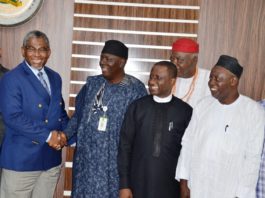 Minister of Mines and Steel Development, Arch. Olamilekan Adegbite, shaking hand with immediate past MAN’s President, Alhaji Shehu Sani while Minister of State, Dr.Uchechukwu Ogah and MAN’s President, Alhaji Kabir Mohammadu Kankari, look with delight during MAN’s National Executives courtesy visit to his office on Tuesday, 3rd September, 2019.