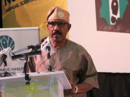 The Hon. Minister of State, Health, Dr. (Sen.) Adeleke Mamora delivering his keynote address at the Conference