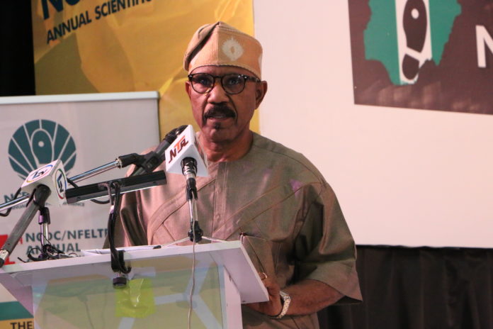 The Hon. Minister of State, Health, Dr. (Sen.) Adeleke Mamora delivering his keynote address at the Conference