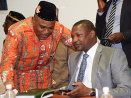 HON. ATTORNEY GENERAL OF THE FEDERATION/MINISTER OF JUSTICE, ABUBAKAR MALAMI SAN, AND HON. UMANAH ANIEKAN EXCHANGING PLEASANTRIES AT THE 2020 BUDGET DEFENCE PLATFORM BEFORE THE HOUSE COMMITTEE ON JUSTICE, NATIONAL ASSEMBLY,