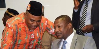 HON. ATTORNEY GENERAL OF THE FEDERATION/MINISTER OF JUSTICE, ABUBAKAR MALAMI SAN, AND HON. UMANAH ANIEKAN EXCHANGING PLEASANTRIES AT THE 2020 BUDGET DEFENCE PLATFORM BEFORE THE HOUSE COMMITTEE ON JUSTICE, NATIONAL ASSEMBLY,