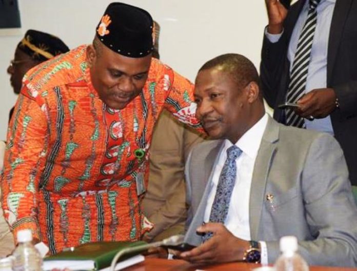 HON. ATTORNEY GENERAL OF THE FEDERATION/MINISTER OF JUSTICE, ABUBAKAR MALAMI SAN, AND HON. UMANAH ANIEKAN EXCHANGING PLEASANTRIES AT THE 2020 BUDGET DEFENCE PLATFORM BEFORE THE HOUSE COMMITTEE ON JUSTICE, NATIONAL ASSEMBLY,