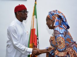 His-Excellency.-Sen.-Dr.-Ifeanyi-Arthur-Okowa-Executive-Governor-Delta-State-in-hand-shake-with-Dr.-Mrs-Folashade-Esan-Ag.-Head-of-the-Civil-service-of-the-Federation