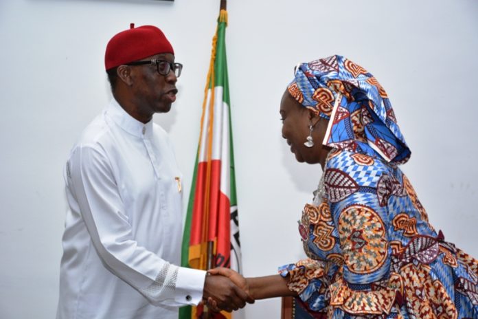 His-Excellency.-Sen.-Dr.-Ifeanyi-Arthur-Okowa-Executive-Governor-Delta-State-in-hand-shake-with-Dr.-Mrs-Folashade-Esan-Ag.-Head-of-the-Civil-service-of-the-Federation
