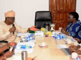 Permanent Secretary of the FMYSD, Mr. Olusade Adesola addressing the leader of delegation from the AFDB Mrs. Doroba Hendrin on Youth Employment policy issues
