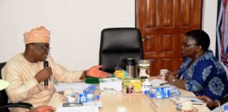 Permanent Secretary of the FMYSD, Mr. Olusade Adesola addressing the leader of delegation from the AFDB Mrs. Doroba Hendrin on Youth Employment policy issues