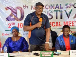 The Permanent Secretary of FMYSD, Mr Adesola Olusade in the middle, The Deputy Governor of Edo State, Comrade Philip Shuaibu, Right and Secretary of MOC, Mrs Hauwa Kulu Akinyemi left during the 2nd Joint Technical Meeting of the 20th National Sport Festival in Benin-City, on 17th Dec, 2019 at Prestige Hall, Edo State.