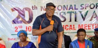 The Permanent Secretary of FMYSD, Mr Adesola Olusade in the middle, The Deputy Governor of Edo State, Comrade Philip Shuaibu, Right and Secretary of MOC, Mrs Hauwa Kulu Akinyemi left during the 2nd Joint Technical Meeting of the 20th National Sport Festival in Benin-City, on 17th Dec, 2019 at Prestige Hall, Edo State.