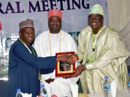 L-R: Engr. Habu Gumel, President Nigeria Olympic Committee ( NOC) presenting an award to the Hon. Minister, Mr Sunday Dare; ably represented by Mr Adesola Olusade, Permanent Secretary of the Ministry; at the Annual General Meeting of the Nigeria Olympic Committee (NOC) held in Gwarimpa, Abuja. The Plaque award was in recognition of the Hon. Minister's zeal and commitment to the timely completion of the Headquarter/Secretariat Building of the Association of National Olympic Committees of Africa ( ANOCA) in the F.C.T, Abuja.
