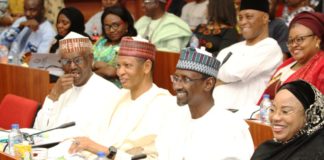 L-R CHIEF OF STAFF TO THE FCT MINISTER, MALLAM BASHIR MAI'BORNO, DIRECTOR OF TRESURY, ALH. ISYAKU ISMAILA, FCT MINISTER, MALAM MUHAMMAD MUSA BELLO AND FCT MINISTER OF STATE, DR RAMATU TIJJANI ALIYU AT THE PRESENTATION OF FCT 2020 BUDGET PROPOSAL AT THE NATIONAL ASSEMBLY
