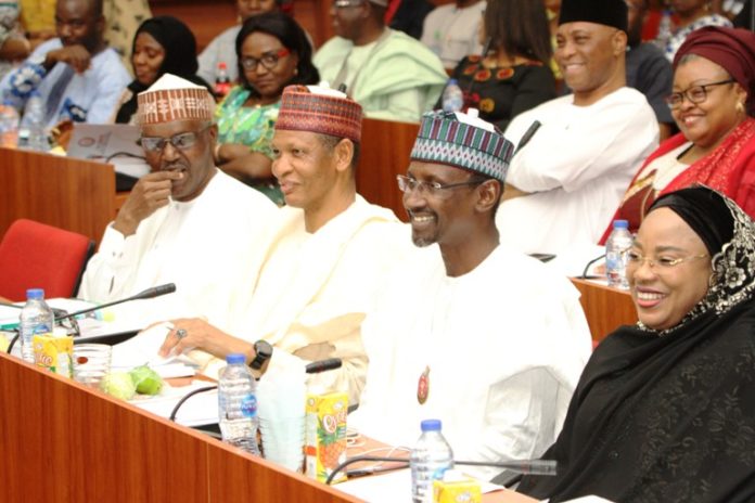 L-R CHIEF OF STAFF TO THE FCT MINISTER, MALLAM BASHIR MAI'BORNO, DIRECTOR OF TRESURY, ALH. ISYAKU ISMAILA, FCT MINISTER, MALAM MUHAMMAD MUSA BELLO AND FCT MINISTER OF STATE, DR RAMATU TIJJANI ALIYU AT THE PRESENTATION OF FCT 2020 BUDGET PROPOSAL AT THE NATIONAL ASSEMBLY