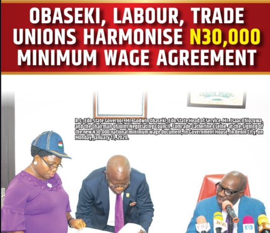 Gov Obaseki, Mr Godwin Ehiozuwa, Edo State Head of service, and Comrade Catherine Eseine