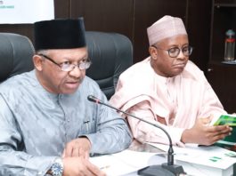 The Honourable Minister of Health, Dr. Osagie Ehanire and the Permanent Secretary, Health, Mr. Abdullazizi Mashi Abdullahi during the flag off the Dissemination at the Ministry's headquarters, Abuja.